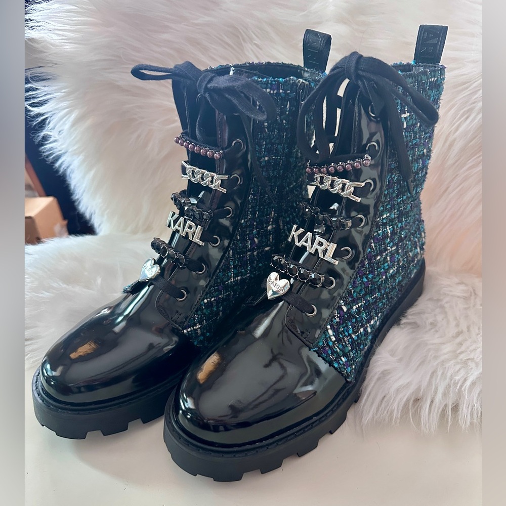 Karl Lagerfeld COMBAT STYLE Jeweled BOOTS! NEW size 10! Zip sides patten black - Picture 2 of 10